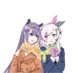  2girls :d airani_iofifteen airani_iofifteen_(artist) alternate_costume blush coat earmuffs english_commentary eyebrows_visible_through_hair fur-trimmed_gloves fur_trim gloves hair_bun hair_ornament hair_ribbon highres hololive hololive_english hololive_indonesia long_hair long_sleeves looking_at_another mole mole_under_eye multiple_girls ninomae_ina&#039;nis ninomae_ina&#039;nis_(artist) open_mouth pink_gloves pink_hair purple_eyes purple_hair ribbon scarf simple_background smile tentacle_hair upper_body virtual_youtuber white_background 