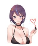  1girl bangs blue_eyes blue_hair blush breasts choker cleavage collarbone earrings eyebrows_visible_through_hair eyelashes hair_ornament holding holding_lipstick_tube jewelry kuavera large_breasts lips lipstick lipstick_tube looking_at_viewer makeup miyako_(kuavera) mole mole_under_mouth multicolored_hair original purple_hair short_hair simple_background smile solo streaked_hair upper_body white_background 