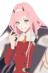  1girl coat darling_in_the_franxx double-breasted green_eyes grin hairband hand_up highres horns jacket long_hair looking_at_viewer mini_necktie open_clothes open_coat pink_hair red_jacket red_pupils sankomichi simple_background smile solo upper_body white_background zero_two_(darling_in_the_franxx) 