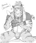  abs anthro blush bulge clothed clothing felid fur hair hi_res housamo jockstrap male mammal monochrome muscular muscular_anthro muscular_male nomad_(tas) pantherine partially_clothed solo striped_body striped_fur stripes thong tiger tokyo_afterschool_summoners topwear underwear vhkansfweer video_games 
