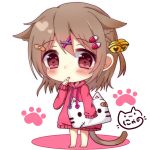  1girl animal_ear_fluff animal_ears bandaid_hair_ornament bangs barefoot bell brown_eyes brown_hair cat_ears cat_girl cat_pillow cat_tail chibi colored_shadow commentary_request drawstring eyebrows_visible_through_hair full_body hair_bell hair_between_eyes hair_ornament hairclip heart heart-shaped_pupils hood hood_down hoodie jingle_bell long_hair long_sleeves looking_at_viewer nyano21 one_side_up original parted_lips pink_hoodie shadow signature sleeves_past_fingers sleeves_past_wrists solo standing symbol-shaped_pupils tail thumb_sucking white_background x_hair_ornament 