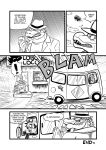  alligator alligatorid anthro black_and_white building canid canine canis cellphone clothing comic comic_page cregon crocodile crocodilian crocodylid dialogue duo english_text fedora fred_guara gesture hat headgear headwear hi_res house male mammal medium_truck monochrome open_mouth phone reptile scalie speech_bubble text thumbs_up truck_(vehicle) van vehicle wolf yuski 
