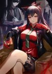  absurdres alcohol animal_ears arknights blood cat_ears crossed_legs gloves highres krirk long_hair looking_at_viewer open_mouth ponytail red_hair simple_background sitting smile texas texas_(arknights) thighs 