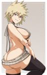  1girl ass backless_dress backless_outfit bakugou_mitsuki bare_back black_legwear blonde_hair boku_no_hero_academia breasts dress from_behind highres large_breasts looking_at_viewer looking_back meme_attire naked_sweater no_panties red_eyes sano_br shiny shiny_hair shiny_skin short_hair sideboob solo spiked_hair standing sweater sweater_dress thighhighs virgin_killer_sweater 