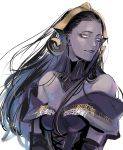  1girl black_hair breasts cleavage collarbone commentary_request detached_collar diadem dress elbow_gloves facial_tattoo gloves gold_trim highres ikuhana_niiro liliana_vess lips looking_to_the_side magic:_the_gathering medium_breasts off-shoulder_dress off_shoulder pale_skin purple_dress purple_eyes shadow simple_background solo tattoo upper_body white_background 