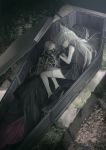  1girl animal_ears bone cinkai coffin commission highres long_hair original skeleton sleeping white_hair 