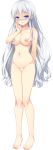  1girl absurdres arms_behind_back bangs blank_censor blue_eyes blush breasts censored collarbone completely_nude eyebrows_visible_through_hair full_body fuyuichi_monme hand_on_own_face harizome_shione highres large_breasts long_hair navel nipples nose_blush nude official_art pussy ren&#039;ai_x_royale solo standing very_long_hair white_hair 