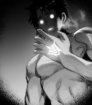  1boy absurdres bangs command_spell fate/grand_order fate_(series) fujimaru_ritsuka_(male) glowing glowing_eyes glowing_tattoo gradient gradient_background greyscale heavy_breathing highres hxd male_focus monochrome muscle nude short_hair solo spiked_hair 