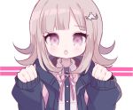  1girl backpack bag bangs black_jacket blunt_bangs blush brown_hair chestnut_mouth clarevoir clenched_hands collared_shirt commentary danganronpa english_commentary eyebrows_visible_through_hair flat_chest hair_ornament hairclip hands_up jacket long_sleeves looking_at_viewer mixed-language_commentary nanami_chiaki neck_ribbon open_mouth outline paw_pose pink_eyes pink_neckwear pink_outline pink_ribbon ribbon shiny shiny_hair shirt short_hair simple_background solo super_danganronpa_2 teeth two-tone_background upper_body white_background white_shirt 