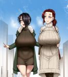  2girls aqua_eyes ayako_(twrlare) bag black_hair blue_sky blush breasts cloud coat feet_out_of_frame forehead fur_trim green_coat hair_over_one_eye handbag huge_breasts lips looking_to_the_side mole mole_under_eye multiple_girls open_mouth original pantyhose pink_eyes pointing ponytail red_hair ribbed_sweater saya_(twrlare) shopping short_hair sky sweater thighs twrlare 