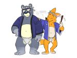  2020 4:3 animal_crossing anthro asian_clothing canid canine clothing crazy_redd curt_(animal_crossing) distracting_watermark duo east_asian_clothing eclipsewolf fox fundoshi fur grey_body grey_fur happi_(clothing) hi_res japanese_clothing male mammal nintendo overweight overweight_male simple_background underwear ursid video_games watermark white_background yellow_body yellow_fur 