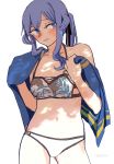  1girl bikini blue_eyes blue_hair blue_towel contrapposto cowboy_shot gotland_(kantai_collection) highres kantai_collection kazeaki leaf_print long_hair looking_at_viewer mismatched_bikini mole mole_under_eye navel simple_background solo swimsuit towel white_background 