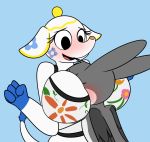  2020 4_fingers animal_crossing anthro anthro_on_anthro big_breasts black_body black_feathers black_wings blue_background blue_body blue_fur blush bottomwear breasts cleavage clothed clothed/nude clothed_female_nude_male clothing duo elephant elephantid eyes_closed feathered_wings feathers female fingers fist floral_print fur grey_body grey_fur grey_hair hair head_between_breasts hi_res huge_breasts interspecies lagomorph leporid male male/female mammal mr_rottson nintendo nude open_mouth pink_nose proboscidean rabbit raised_arms rotto_(mrrottson) simple_background smile tia_(animal_crossing) trunk video_games white_body white_bottomwear white_clothing white_fur wings yellow_body yellow_fur 