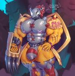  2019 5_fingers anthro armor big_biceps big_muscles biped bulge dialogue digimon digimon_(species) digital_media_(artwork) english_text fingers genital_outline green_eyes headgear helmet looking_at_viewer male muscular muscular_anthro muscular_male penis_outline shoulder_pads solo sxfpantera text thick_thighs wargreymon 