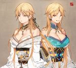  1girl bangs bare_shoulders blonde_hair breasts cleavage closed_mouth collar collarbone commentary_request ear_piercing earrings eyebrows_visible_through_hair genderswap genderswap_(mtf) grey_background hair_between_eyes izumi_kouhei japanese_clothes jewelry kimono large_breasts long_hair long_sleeves looking_at_viewer open_mouth pepper_fever piercing signature simple_background smile upper_body world_trigger yellow_eyes 