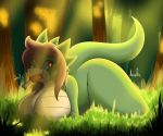  absurd_res anthro big_breasts breasts dragon eating featureless_breasts female forest green_body hi_res jhenightfox non-mammal_breasts nude solo thick_thighs tree 