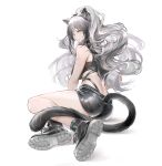  1girl absurdres animal_ear_fluff animal_ears arknights ass bare_legs bare_shoulders black_footwear black_scarf black_shorts breasts cat_ears cat_tail commentary crop_top highres large_breasts long_hair looking_at_viewer midriff parted_lips qiangjitong scarf schwarz_(arknights) shoes short_shorts shorts silver_hair simple_background sleeveless solo tail thighs white_background yellow_eyes 