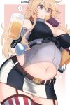  3girls ? alcohol beer beer_mug blonde_hair blue_eyes breasts cowboy_shot cup elbow_gloves eyebrows_visible_through_hair fairy_(kantai_collection) food front-tie_top gambier_bay_(kantai_collection) giantess gloves hair_between_eyes holding holding_cup iowa_(kantai_collection) kantai_collection large_breasts long_hair motion_lines mug multiple_girls navel parted_lips size_difference solo spoken_question_mark star-shaped_pupils star_(symbol) sweet_potato symbol-shaped_pupils symbol_commentary thighhighs utopia 
