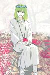  1boy :d enkidu eyebrows_visible_through_hair fate/strange_fake fate_(series) feet_out_of_frame field flower flower_field green_hair grey_eyes highres interlocked_fingers long_sleeves looking_at_viewer male_focus medium_hair open_mouth own_hands_together purple_flower red_apple red_flower sankomichi sitting smile solo white_robe 
