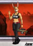  abs anthro breasts clothed clothing daisy_(doom) doom_(series) female fur gun hair hi_res holding_gun holding_object holding_weapon id_software lagomorph leporid looking_at_viewer mammal pirin-apex rabbit ranged_weapon smile solo text topwear url video_games waving_at_viewer weapon 