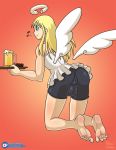  alcohol angel animal_humanoid avian avian_humanoid balls beer beverage beverage_can blonde_hair bloomers blue_eyes blueumbra bottomwear boxers_(clothing) bulge butt clothing crimvael dress eyelashes feet food genitals hair halo herm highlights_(coloring) humanoid intersex interspecies_reviewers ishuzoku_reviewers mammal nails pants rear_view signature simple_background smile solo tight_clothing toes underwear watermark wings 
