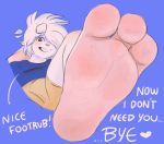  2020 3_toes anthro blue_background bulge dialogue english_text feet flat_colors foot_fetish foot_focus fur hi_res humanoid_feet lagomorph leporid looking_at_viewer looking_down male mammal pink_soles pozole rabbit simple_background soles solo text toes white_body white_fur 