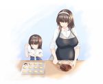  2girls :p apron baking bangs blunt_bangs breasts brown_hair chocolate cookie food hairband large_breasts mingke mother_and_daughter multiple_girls original smile tongue tongue_out yellow_eyes 