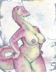  2020 anthro areola breasts caribou_(artist) digital_media_(artwork) dinosaur eating female genitals green_eyes hadrosaurid nigersaurus nipples non-mammal_breasts nude ornithischian pink_body pink_scales plant pussy reptile scales scalie smile solo tan_body tan_scales 