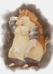  2020 anthro belly biped brown_body brown_fur eulipotyphlan fur hedgehog hi_res japanese_text kemono majiro_the_hedgehog male mammal masshiro overweight overweight_anthro overweight_male sleepy_princess_in_the_demon_castle solo text 