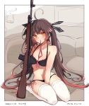  1girl 2020 absurdres ahoge arm_between_legs attoyamada battle_rifle black_bra black_panties blush border bra breasts brown_eyes brown_hair character_name dated girls_frontline gun highres lace-trimmed_bra lace-trimmed_panties lace_trim long_hair looking_at_viewer m14 m14_(girls_frontline) medium_breasts mouth_hold outside_border panties ribbon ribbon_in_mouth rifle solo thighhighs twintails underwear underwear_only very_long_hair weapon white_border 