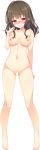  1girl absurdres amagamine_renna ass_visible_through_thighs bangs barefoot blank_censor blush brown_hair censored completely_nude full_body fuyuichi_monme highres long_hair navel nipples nose_blush nude official_art pussy red_eyes ren&#039;ai_x_royale solo transparent_background wavy_mouth 
