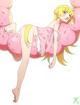  1girl absurdres ass bakemonogatari bangs barefoot blonde_hair blush commentary_request doughnut dress eating fang food from_side full_body hanging highres long_hair looking_at_viewer lying monogatari_(series) on_stomach open_mouth oshino_shinobu oversized_food pink_dress pink_x soles solo strap_slip white_background yellow_eyes 