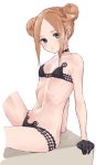  1girl abigail_williams_(fate/grand_order) abigail_williams_(swimsuit_foreigner)_(fate) bangs bare_shoulders bikini black_bikini black_gloves blonde_hair blue_eyes breasts choker collarbone double_bun fate/grand_order fate_(series) forehead gloves knee_up kopaka_(karda_nui) long_hair navel parted_bangs sidelocks sitting small_breasts swimsuit thighs 