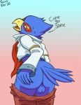  avian backsack balls beak bird blue_balls butt clothed clothing falco_lombardi feathers genitals male nintendo pants_down partially_clothed presenting roccorox solo star_fox video_games 