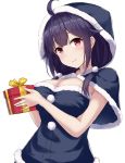  1girl ahoge blush box breasts capelet christmas cleavage eyebrows_visible_through_hair fur_trim gift gift_box hat highres holding holding_gift kantai_collection large_breasts long_hair looking_at_viewer low_twintails monoku purple_hair red_eyes santa_costume santa_hat smile solo taigei_(kantai_collection) twintails upper_body 
