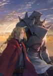  2boys ahoge alphonse_elric armor baraba_baba belt black_shirt blonde_hair braid brothers brown_belt closed_mouth cloud coat cowboy_shot edward_elric full_armor fullmetal_alchemist highres long_hair long_sleeves male_focus multiple_boys outdoors ponytail profile red_coat red_eyes shirt siblings single_braid sky standing twilight walking yellow_eyes 