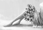  1girl barefoot dress flower greyscale legs lily_(flower) menka monochrome original sitting solo 