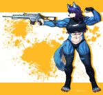  abs anthro biceps canid canine canis clothed clothing female fur gun hair hi_res hopey mammal muscular muscular_anthro muscular_female pgm300 ranged_weapon simple_background solo weapon wolf 