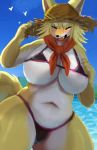  2020 anthro big_breasts breasts canid canine clothing cute_fangs eyes_closed female fox front_view hi_res huge_breasts mammal nukochi open_mouth smile solo standing swimwear 