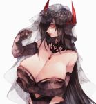  1girl areola_slip areolae arm_under_breasts azur_lane bare_shoulders black_dress black_gloves black_hair breast_hold breasts bridal_veil detached_collar dress elbow_gloves friedrich_der_grosse_(azur_lane) friedrich_der_grosse_(dark_raiments_of_gagaku)_(azur_lane) gloves hair_over_one_eye highres horn_ornament horns huge_breasts lips long_hair looking_at_viewer mechanical_horns red_horns ruby_(gemstone) saichuu_(more1208) see-through simple_background sleeveless sleeveless_dress solo strapless strapless_dress upper_body veil very_long_hair white_background yellow_eyes 