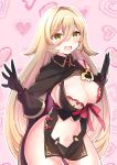 1girl :d bangs black_cape black_dress black_gloves blonde_hair blush breasts cape cleavage dress elbow_gloves eyebrows_visible_through_hair gloves hair_between_eyes heart heart_background highres large_breasts long_hair looking_at_viewer minami_saki navel nijisanji nui_sociere open_mouth pink_background smile solo standing very_long_hair virtual_youtuber yellow_eyes 