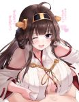 1boy 1girl ahoge bare_shoulders blush breast_squeeze breasts brown_hair censored detached_sleeves double_bun eyebrows_visible_through_hair hair_ornament hairband headgear heart hetero huge_breasts japanese_clothes kantai_collection kongou_(kantai_collection) kumahuri long_hair long_sleeves looking_at_viewer mosaic_censoring one_eye_closed open_mouth paizuri penis purple_eyes smile sweat sweatdrop translation_request wet wet_clothes 