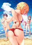  4girls absurdres ass bare_shoulders beach bikini bikini_pull black_hair blonde_hair blue_eyes blue_sky breasts brown_eyes brown_hair cloud collarbone crossed_arms from_behind hair_ribbon highres in_water innertube kanojo_okarishimasu long_hair looking_at_viewer looking_back medium_breasts mizuhara_chizuru mole mole_on_leg multiple_girls nanami_mami navel one-piece_swimsuit outdoors pink_bikini pink_hair pulled_by_self red_bikini ribbon sakurasawa_sumi sarashina_ruka short_hair sky stomach swimsuit sydus thighs water wet wet_clothes white_bikini white_ribbon white_swimsuit 