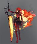  1girl akame_(chokydaum) armor belt blue_eyes breastplate dark_skin dark_skinned_female fiery_hair fire flame flaming_sword flaming_weapon gauntlets gradient gradient_background greatsword grey_background highres holding holding_weapon long_hair original parted_lips red_hair single_pauldron smoke solo spiked_pauldrons sword torn torn_clothes turtleneck vambraces very_long_hair weapon 