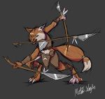  absurd_res anthro armor brown_body brown_fur canid canine canis claws druid feet female feralcatalyst fur hi_res hide_(disambiguation) javelin magic_user mammal melee_weapon metalslay3rs pathfinder_(oc) polearm solo spear tribal_spellcaster vanya_wyldhart weapon wolf 