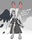  2020 anthro blazera cosplay crossover crossover_cosplay dialogue dipstick_ears disney english_text featureless_crotch female final_fantasy final_fantasy_vii hi_res holding_object holding_sword holding_weapon judy_hopps lagomorph leporid mammal melee_weapon multicolored_ears purple_eyes rabbit sephiroth simple_background solo square_enix sword text video_games weapon zootopia 