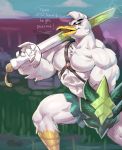  2019 abs anthro beak big_muscles biped blue_sky day dialogue digital_media_(artwork) english_text harness hi_res huge_muscles hyper hyper_muscles looking_at_viewer male melee_weapon muscular muscular_anthro muscular_male navel nintendo pok&eacute;mon pok&eacute;mon_(species) shield sirfetch&#039;d sky solo sword sxfpantera text video_games weapon white_body 