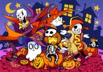  3boys annoying_dog artist_name astigmatism_(undertale) belt_boots black_pants blue_jacket blue_skin boots bow bowtie brown_hair candy candy_cane cape cloak closed_eyes colored_skin commentary crescent_moon dark_skin english_commentary fang flowes food frisk_(undertale) froggit ghost gloves grin halloween halloween_bucket halloween_costume hat hot_dog_costume jack-o&#039;-lantern jacket leaf_pile lollipop mask monster_kid_(undertale) moon multiple_boys multiple_others napstablook night night_sky nina_matsumoto no_socks one_eye_closed open_mouth pants papyrus_(undertale) pink_footwear pumpkin purple_jacket purple_pants purple_suit red_gloves sans signature skeleton sky slippers smile star_(sky) star_(symbol) starry_sky swirl_lollipop teeth temmie undertale vegetoid whimsun winged_footwear wings witch_hat yellow_bow 