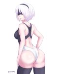  1girl 83tsu adapted_costume ass black_blindfold black_headband black_legwear blindfold headband leotard lips looking_at_viewer nier_(series) nier_automata one-piece_swimsuit short_hair swimsuit thighhighs thighs white_background white_hair yorha_no._2_type_b 
