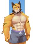  2020 abs anthro biceps bottomwear cilok clothed clothing digital_media_(artwork) facial_hair felid fur hi_res male mammal muscular muscular_anthro muscular_male nipples pantherine pecs simple_background solo stripes topless 